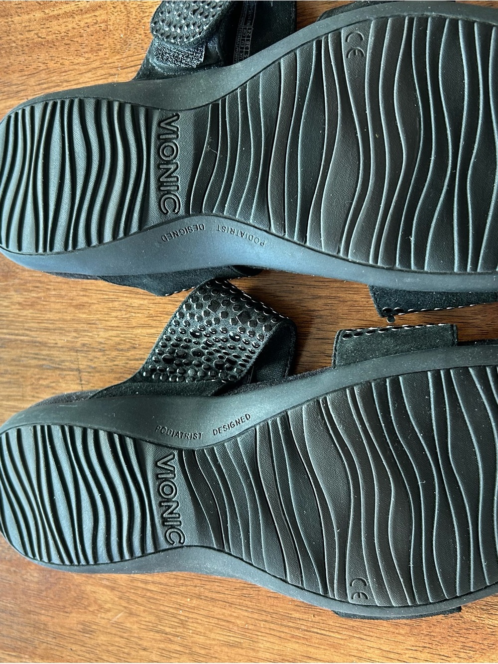 Vionic Black Double-Strap Rhinestone Slide Sandals - Picture 3 of 4